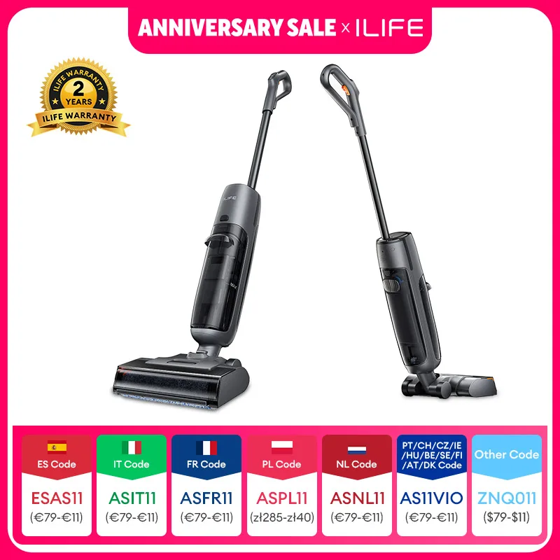 ILIFE W90 Pro Cordless Wireless Wet Dry Smart Mop Washing ,7000Pa Suction, 1Min Self Cleaning, Large Dual Water Tank,Update W90