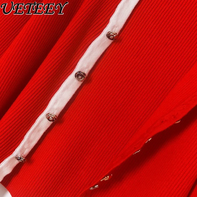 Outono inverno novo botão cor-bloco manga longa camisola de malha moda elegante feminino fino ajuste versátil curto cardigan