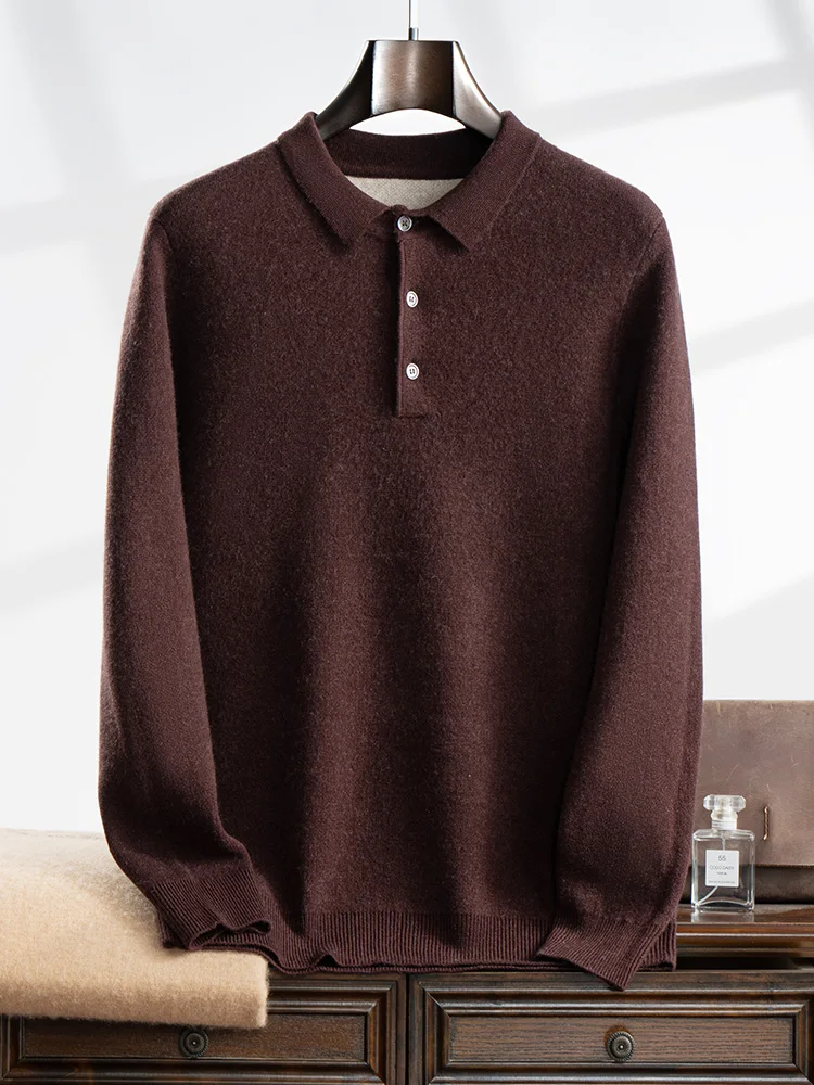 

Мужской 100% кашемировый свитер-поло, осень-зима, базовый элегантный повседневный пуловер с длинными рукавами, кашемировый трикотаж, мягкая удобная одежда, топы