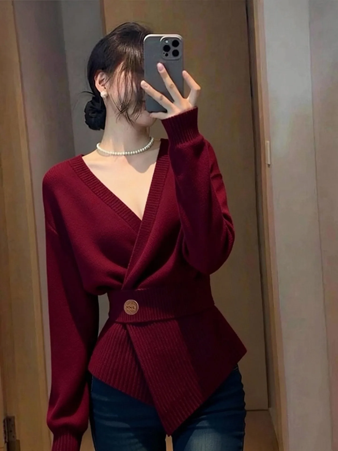 Ele-suéter de punto rojo vino para mujer, ropa interior ajustada a la moda, diseño Sensation con cinturón V-Ne Long Sve, primavera 2026