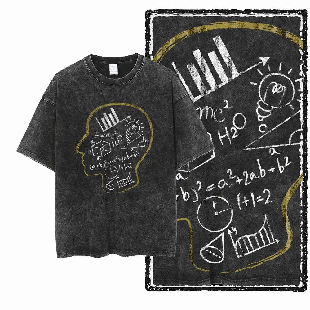 G30 Acid Washed Black Cotton Cool Math Graphic Men T-shirt |  Streetwear Big Size Vintage O-neck men's Tee Tshirt