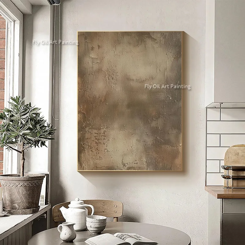 رمادي وذهبي أصفر مجردة قماش جدار الفن رسمت باليد تصميم الأزياء لوحة زيتية بنية بسيطة لديكور قاعة الغرفة