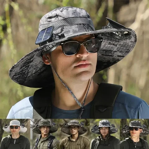 New Men's Fashion Wide Brim Solar Fan Hat UPF50+ Sun Protection with Dual Power (Solar USB) Adjustable Outdoor Beach Fishing Hat