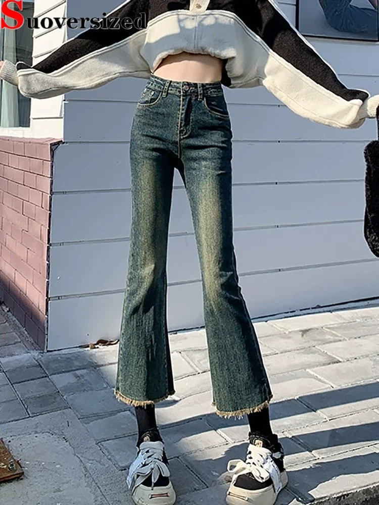 Streetwear Vintage Bootcut Jeans Women's Casual Fashion Retro Straight Baggy Vaqueros High Waisted Wide Leg Fringed Denim Pants