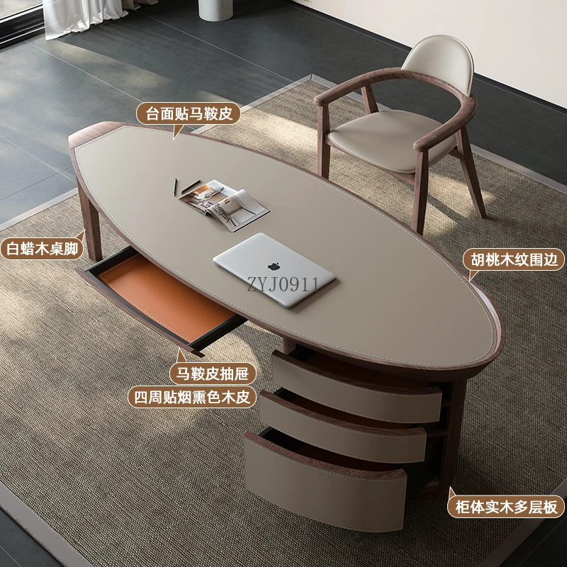 Retro solid wood saddle leather desk, office Italian study writing desk computer desk