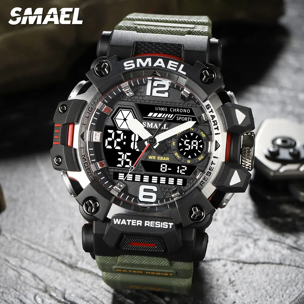 SMAEL Electronic Sport Digital Watch Men Fashion Olive Green Dual Time Display Waterproof Quartz Wristwatch Chronograph 8072