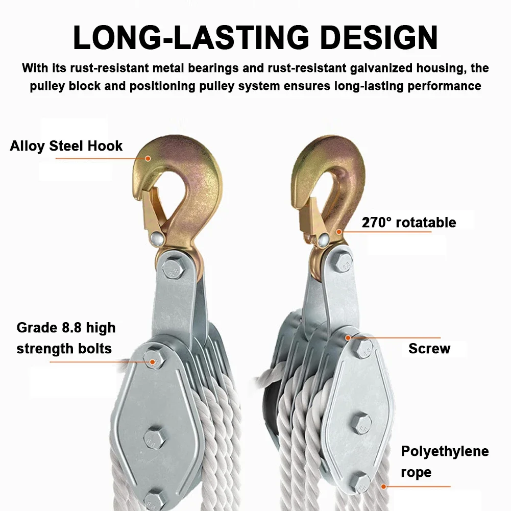 270 °   Bloczek linowy obrotowy z hakiem ze stopu cynku, ręczny dźwig, wytrzymały bloczek linowy z polietylenową linką, ręczne urządzenie do podnoszenia.