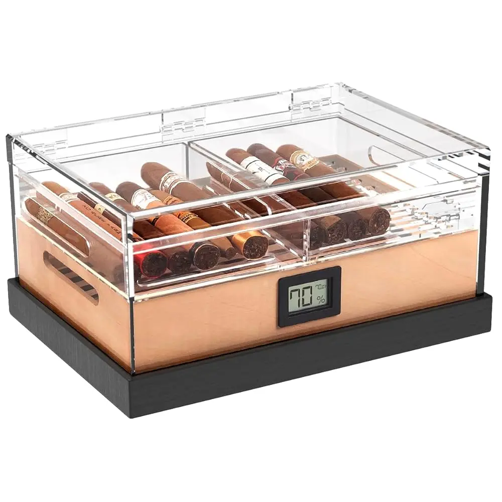 

Free Shipping- Felix Pro Tupperdor - Airtight Acrylic Humidor, Two Acrylic Trays, Spanish Cedar Tray, Ash Wood Base, Digital Hyg