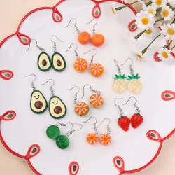 Kawaii Avocado Earrings Acrylic Resin Epoxy Orange Stawberry Pineapple Dangle Costume Jewelry Trendy Style Woman Girl Accessory