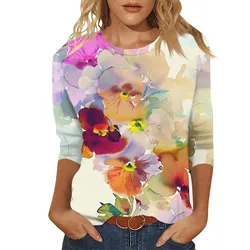 2025 spring casual fashion loose printed T-shirt ladies casual round neck long rendering elegant and beautiful tops for women