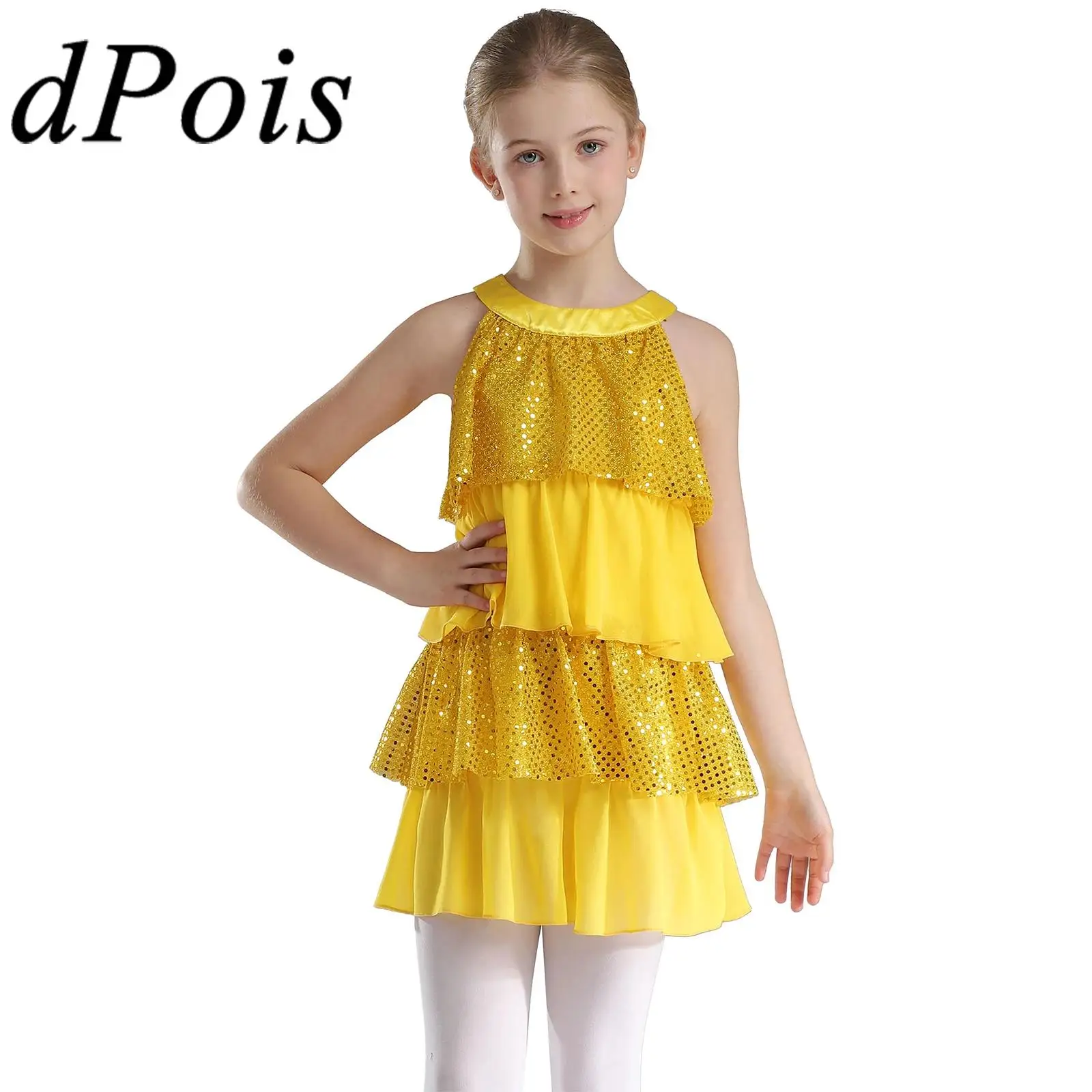 

Kids Girls Shiny Sequins Tiered Ruffled Dress Sleeveless Dresses for Modern Jazz Latin Dance Performance Costume Dancewear