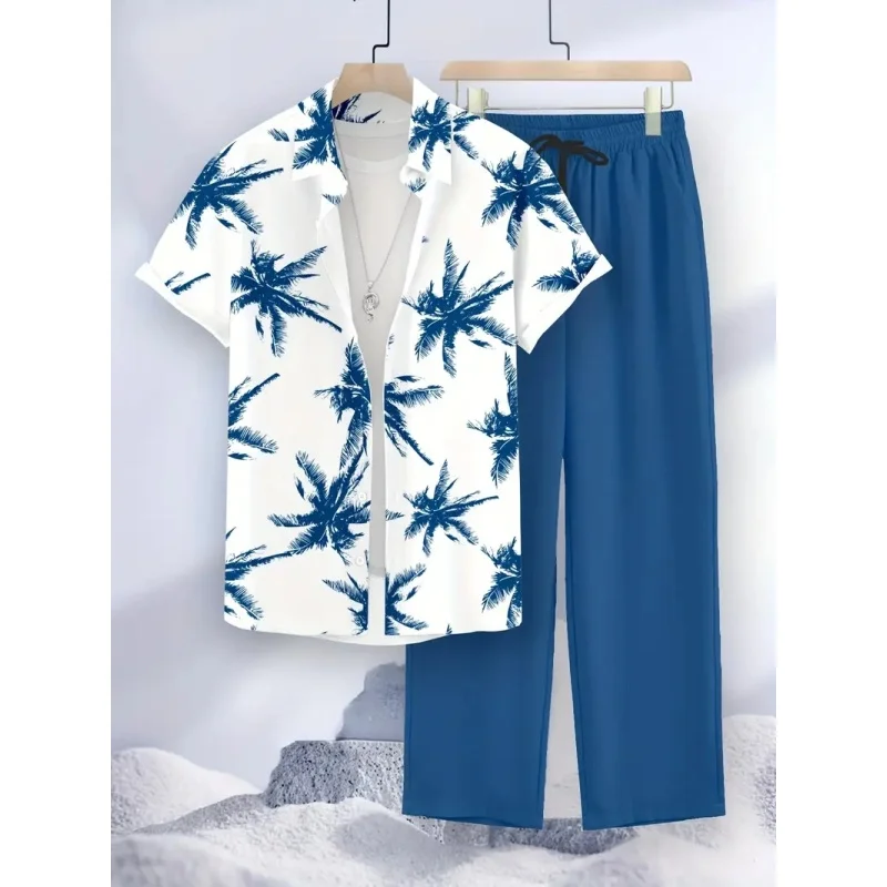 

Men's casual two-piece set-Coconut tree 3D printing-button up shirt and pants,fashionable streetwear,plus size two-piece set