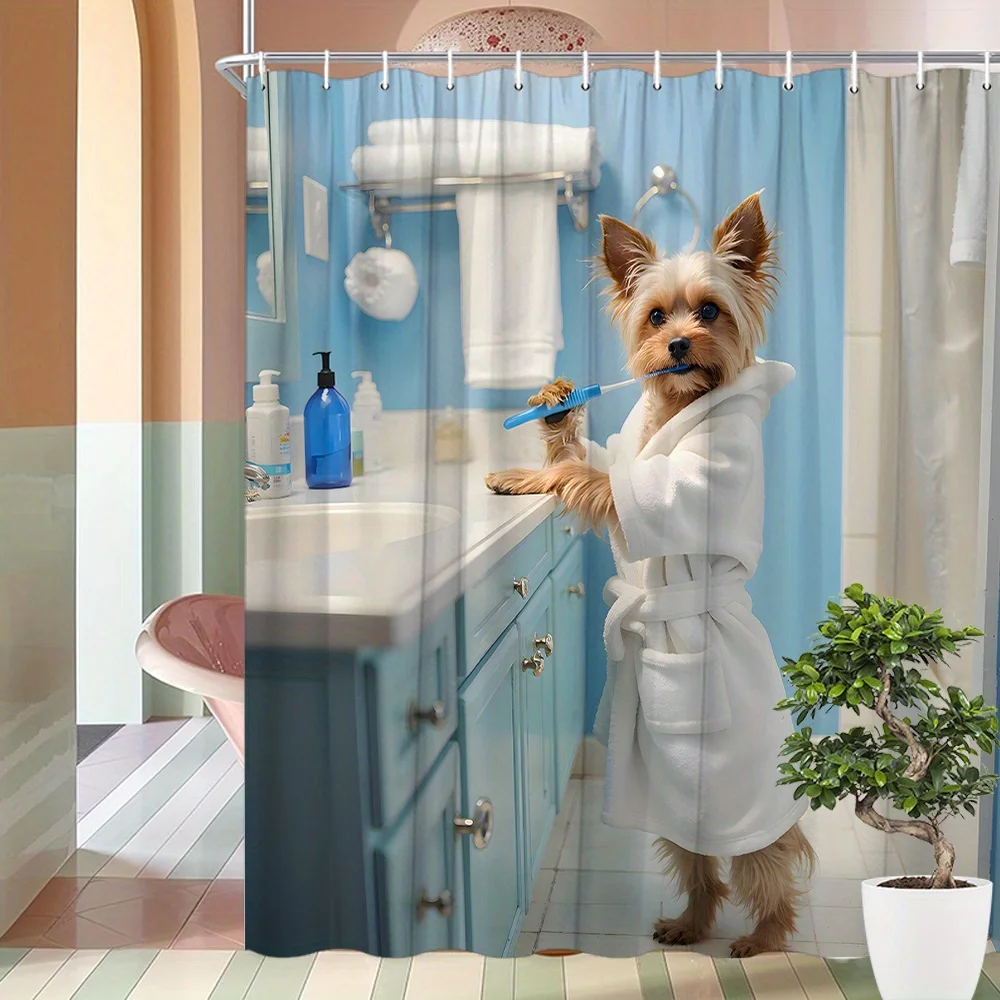 Yorkshire terrier brushing shower curtain cute white cartoon dog theme bathroom decorative shower curtain with 12 hooks,