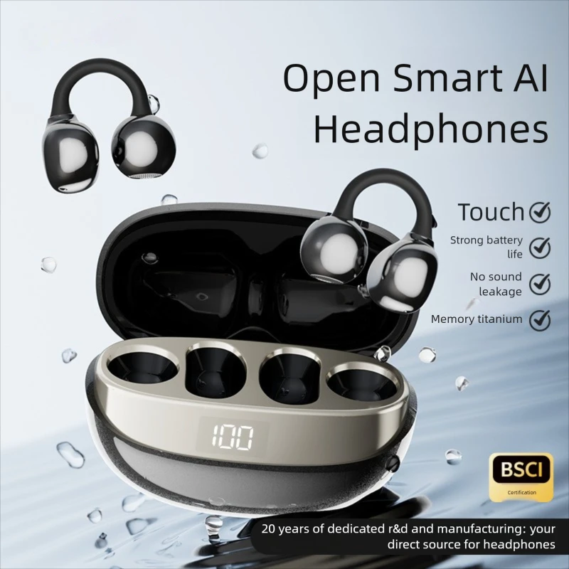 

OWS Bluetooth 6.0 Earphones Ear Clip Style Digital Power Display Non In Ear Painless Wearing Open IPX7 Waterproof Sports Headset