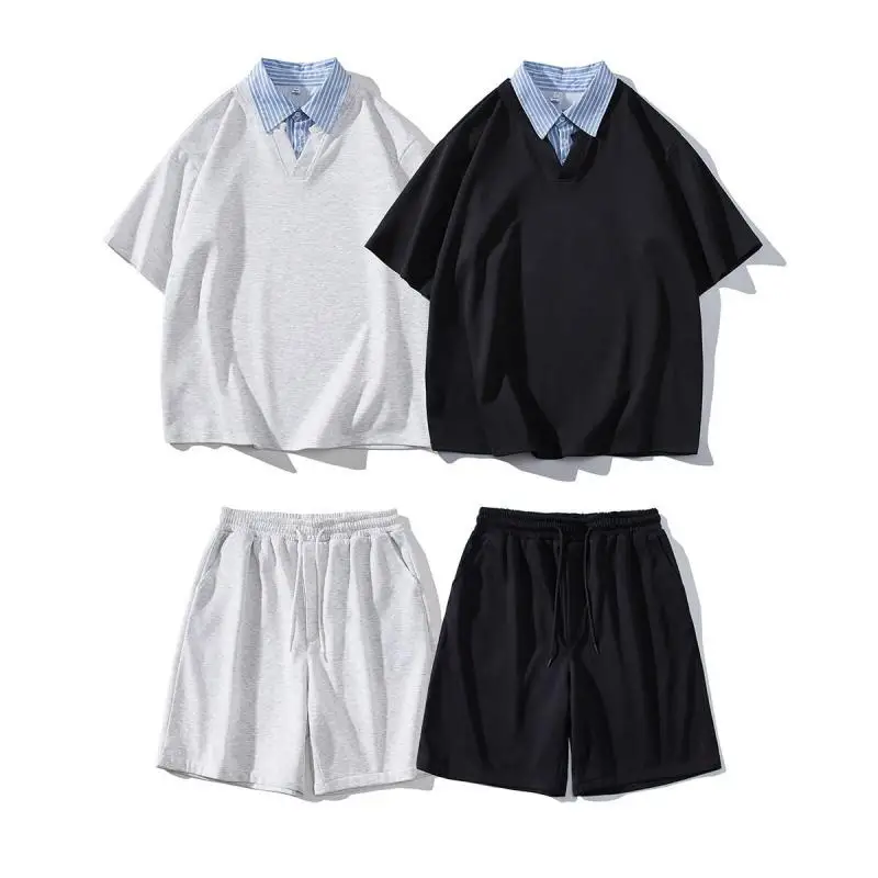 

Men's Plus Size Casual Fake Two-tone Polo Shirt & Elastic Waist Shorts Set - Breathable 2-piece Loungewear Outfit Streetwear 5XL