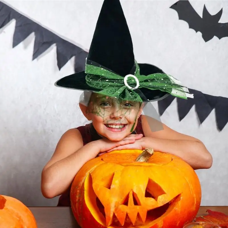 A52E طوي قبعة الساحرة المرنة شريط مرن التجعيد قبعة الساحرة القوطية الأربطة قبعة للأزياء احتفالات الهالوين