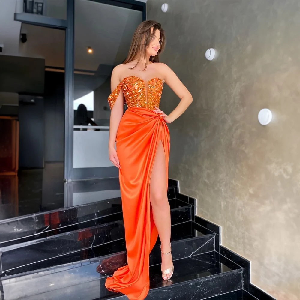 

Fashion Off the Shoulder Sequnins Shiny for Women Sexy Mermaid Plated Side Split Court Party Evening Gown فساتين مناسبة رسمية