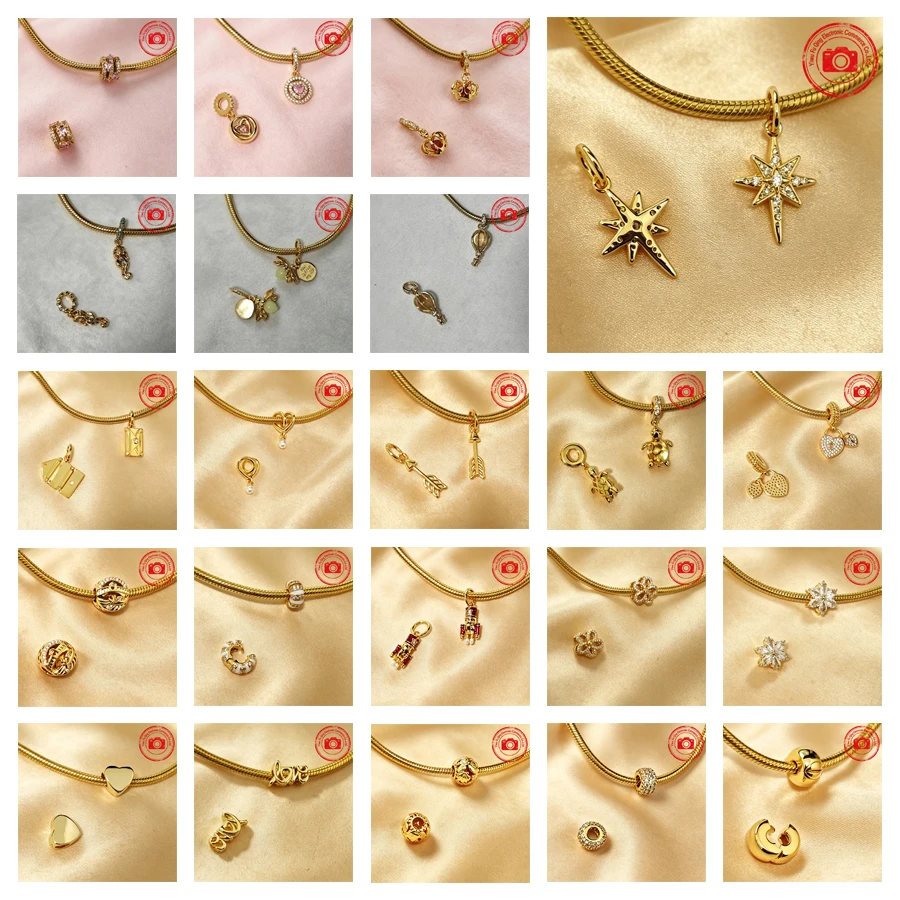 New Sparkling Golden Charms DIY Jewelry Gift Love Letter Cherry Blossom Sea Turtle Handwritten Love Beads Fit Original Bracelets