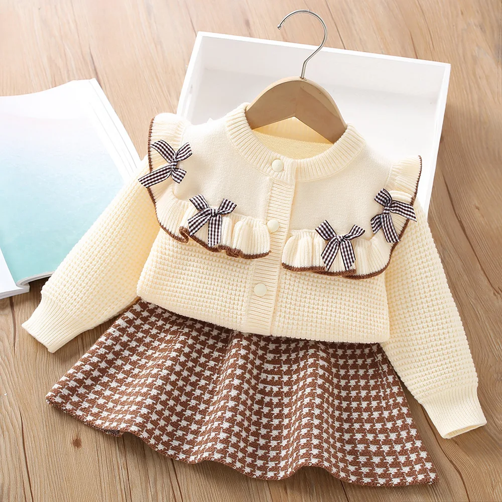 Girls Knitted Clothes Sets Spring Autumn Children Woolen Jersey Sweaters Tops Skirts 2pcs Princess Dress Suit For Kids Outfits 6