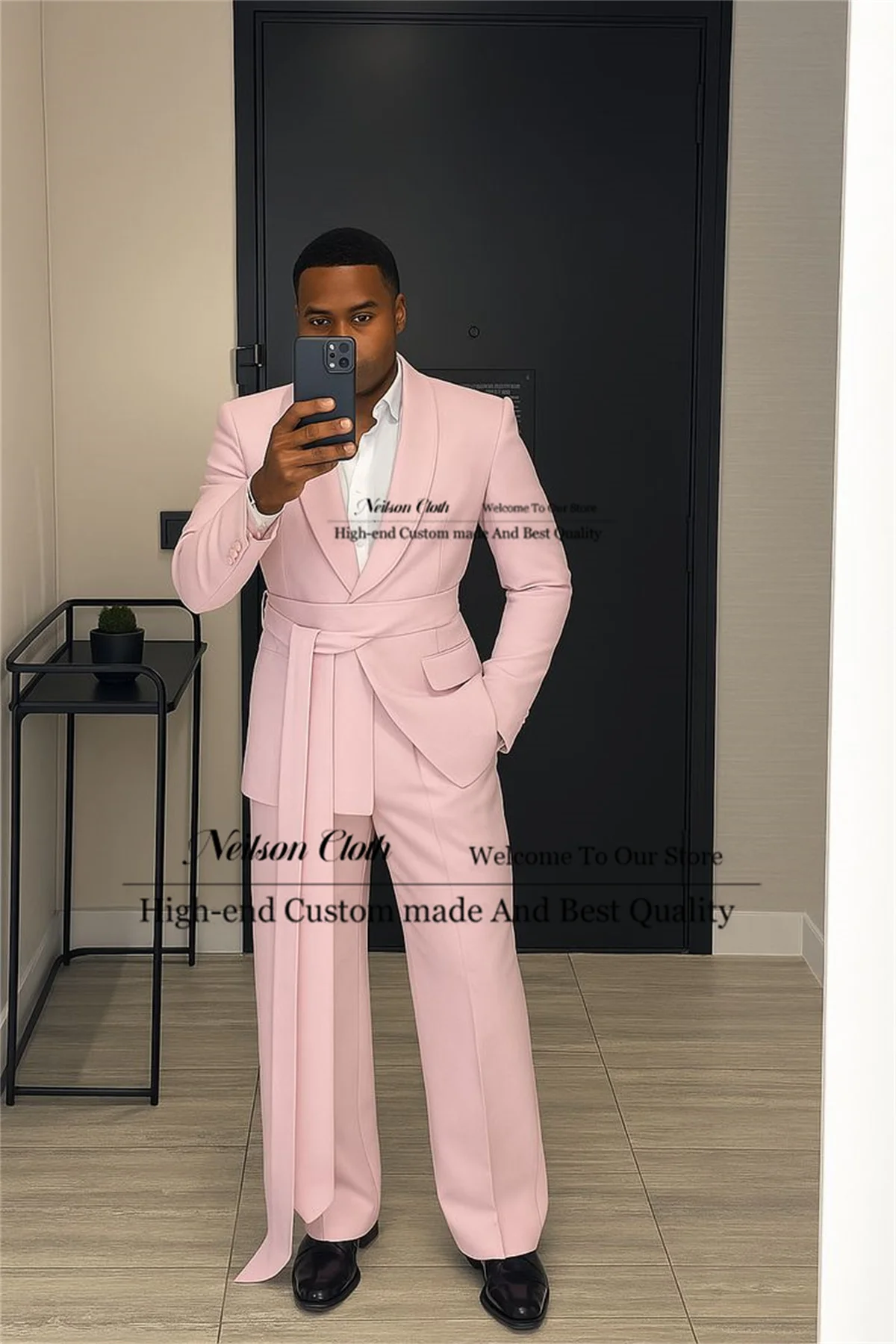 

Fashion 2 Pieces Sets Male Prom Blazers Pink With Belt Groom Wedding Tuxedos Groomsmen Customized Shawl Lapel Terno Masculino