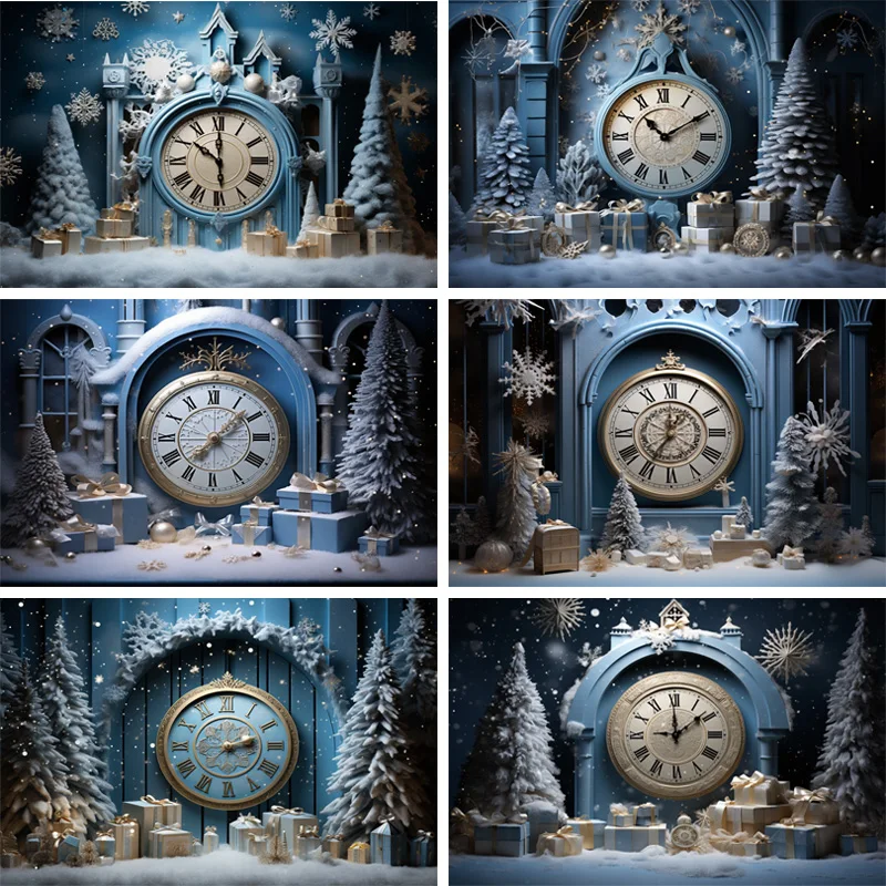 

Christmas Clock Backdrop Celebrate New Year Party Banner Xmas Tree Snowflakes Gift Boxes Decoration Backgrounds Photo Studio