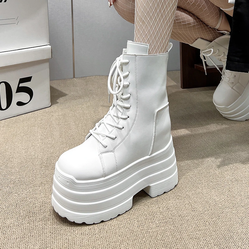 

10cm High Heels Boots For Women Fashion Black Lace-Up Punk Style Autumn Cosplay Shoes Goth Platform Boots Bottes Femme