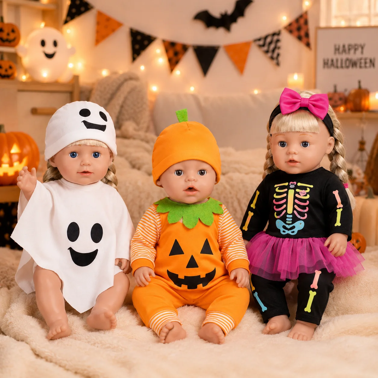 Halloween Puppenkleidung für Reborn Puppe 40-45cm 16-18 Zoll, Kürbis Geist Skelett Kostüm, Outfit für American Girl Puppe Puppenzubehör Set Geschenk – Detail 2