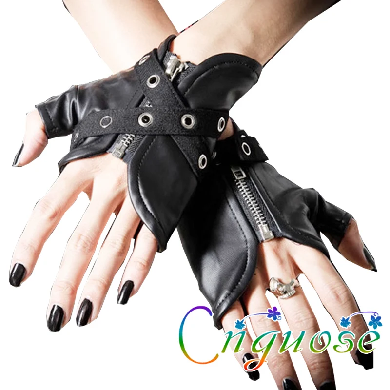 2023 PU Leather Men's Half Finger Strap zipper Punk Rock Japanese Motorcycle Unisex Faux Leather Women's Half finger gloves