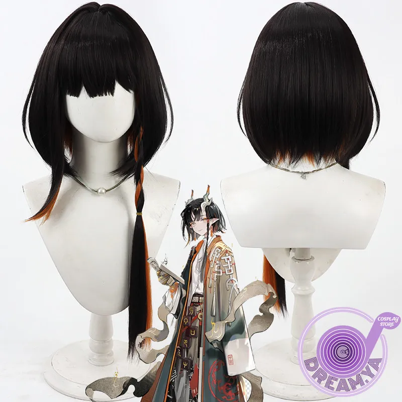 Jie Cosplay-Perücke, Arknights, schwarz, orange, Kunsthaar, hitzebeständig, für Halloween, Rollenspiele, Party, Karneval, + kostenlose Perückenkappe