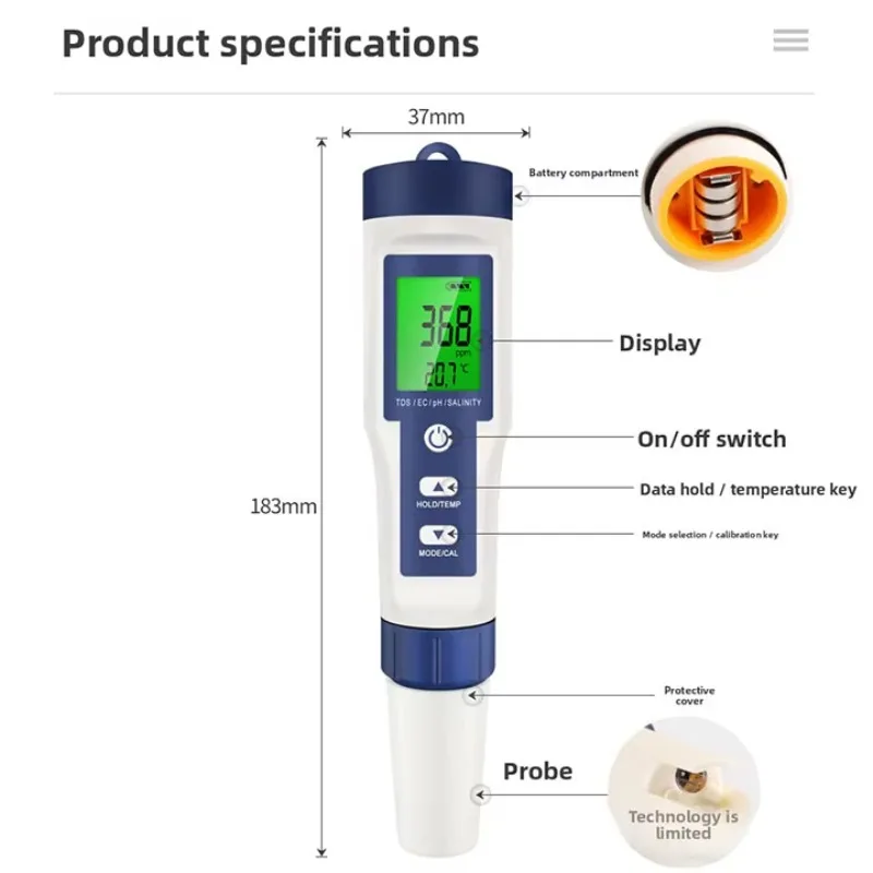 Multifunctional water quality test pen PH pen acidity meter TDS conductivity tester temperature salinity detection