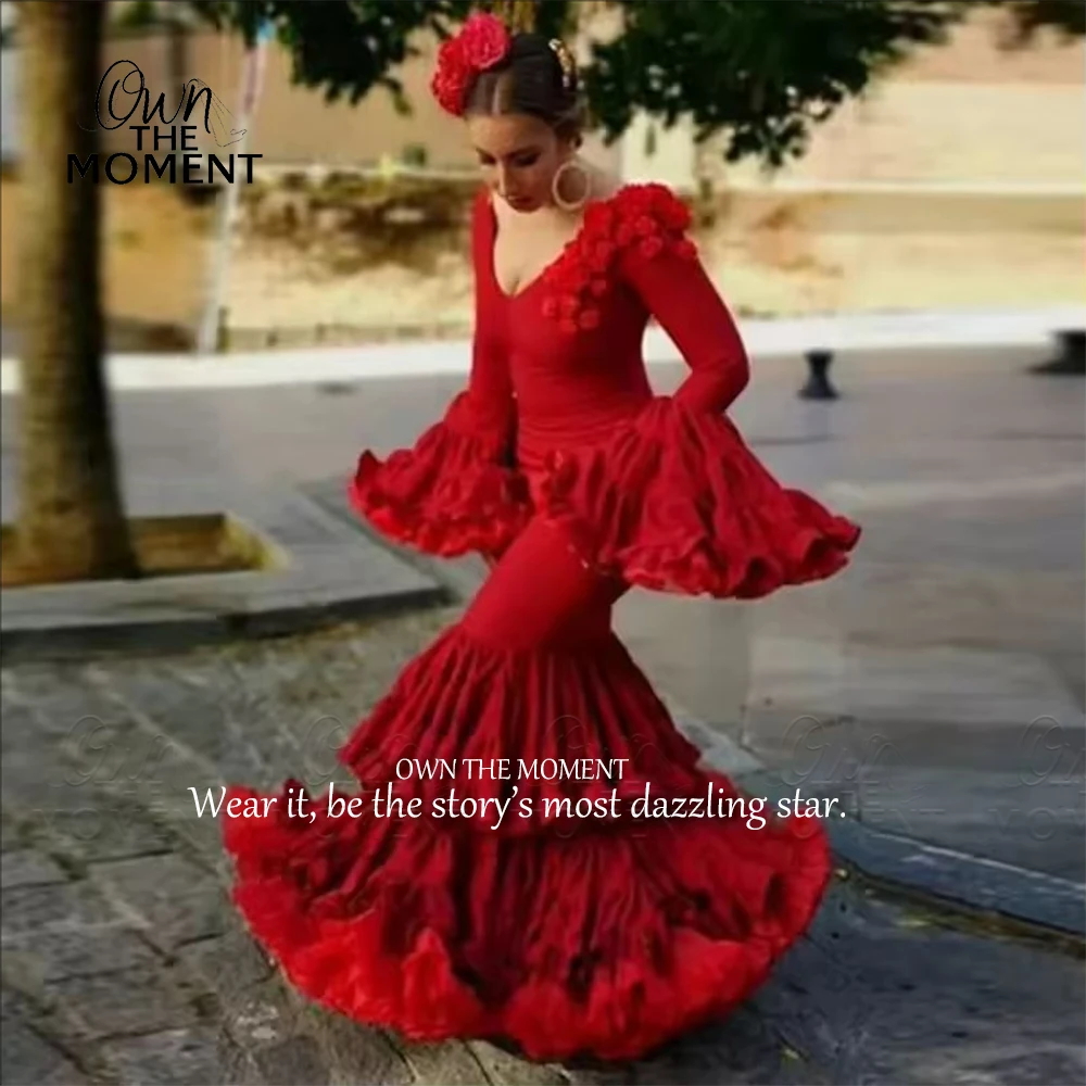 Vestido de Noche OTM Rojo con Volantes Florales, Elegante Vestido de Fiesta con Mangas, Estilo Sirena con Capas para Mujer, Vestidos de Flamenco