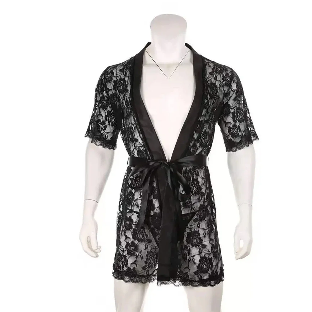 Мужские сексуальные сетчатые халаты, кружевные прозрачные халаты, эротическая ночная рубашка, прозрачные стринги, стринги с Т-образной спинкой, комплект домашней одежды