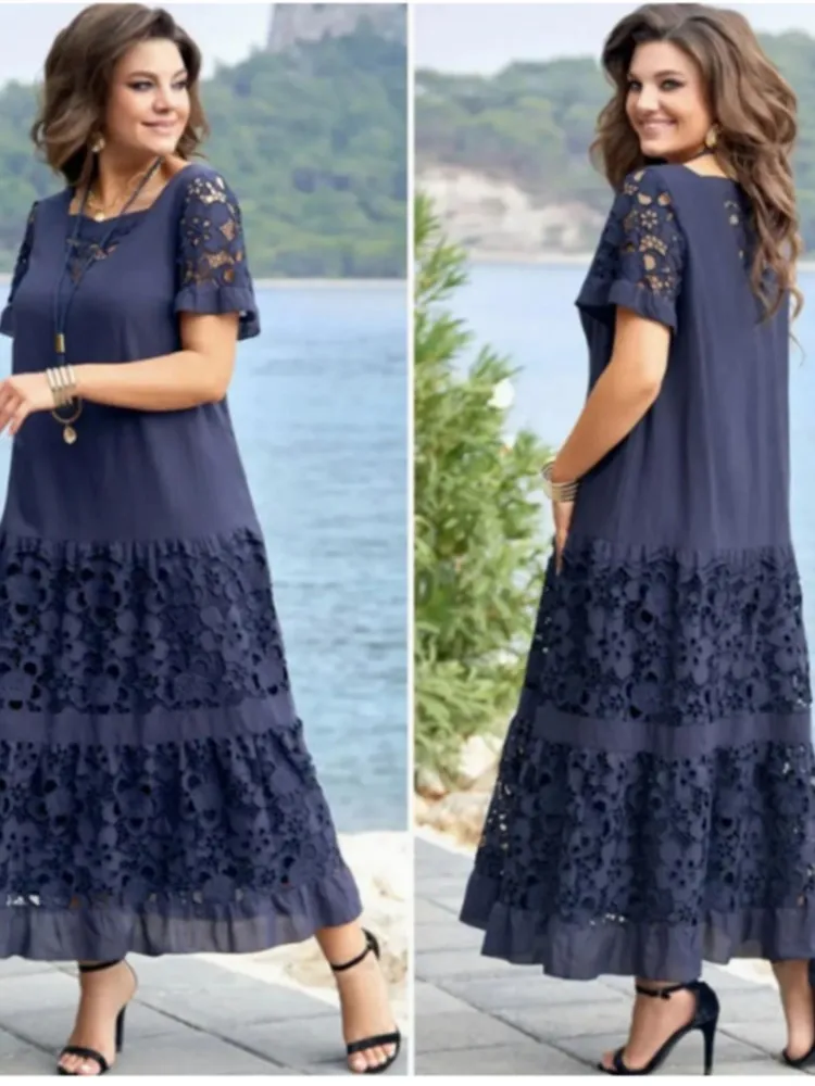 Women Fashion Casual Short Sleeve Lace Patchwork Long Dress 2025 Summer Elegant Solid Office Maxi Dresses For Women Robe Femme