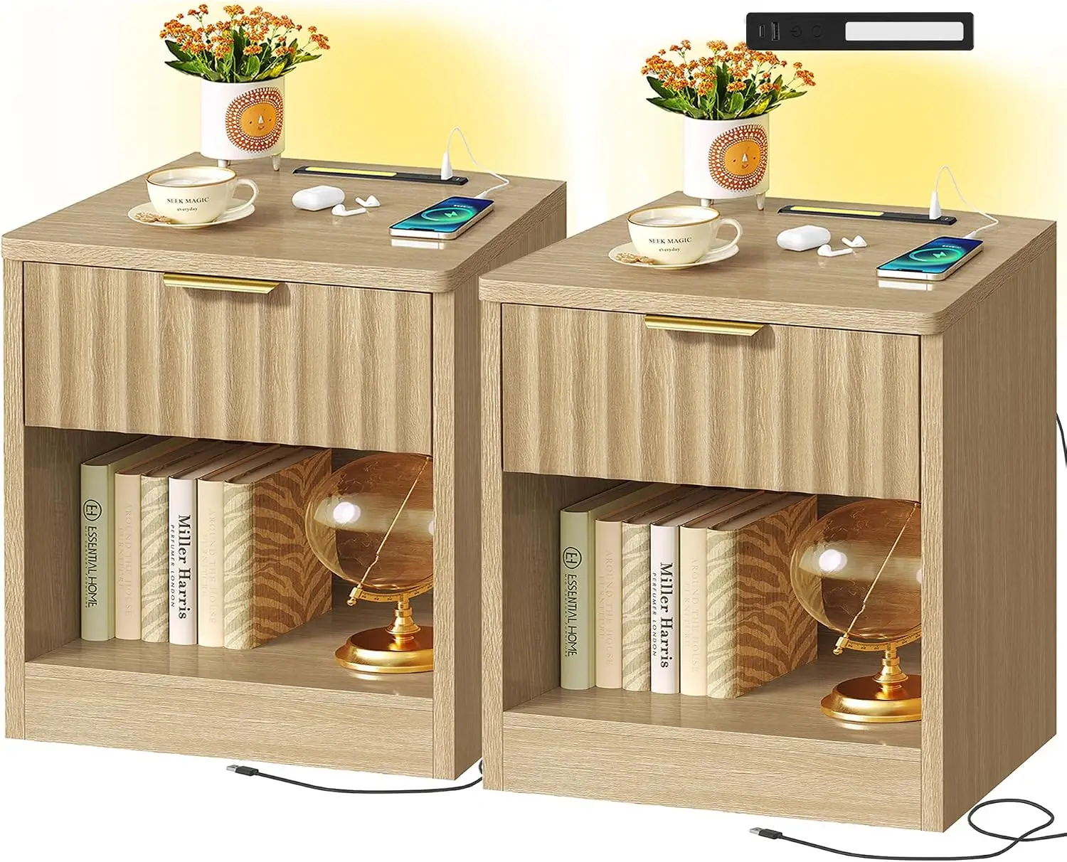 Fluted nightstands set two bedside tables charging station led light storage drawer open shelf small space bedroom natural