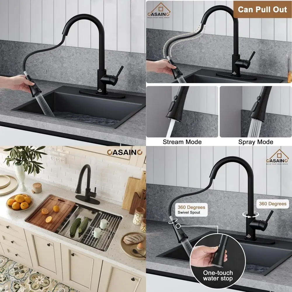 

Matte Black Pull-Down Spray Kitchen Faucet with 3-Mode Sprayer, Pause Feature, 1.8 GPM Flow Rate, 15.25 Inch High, Ideal for Kit