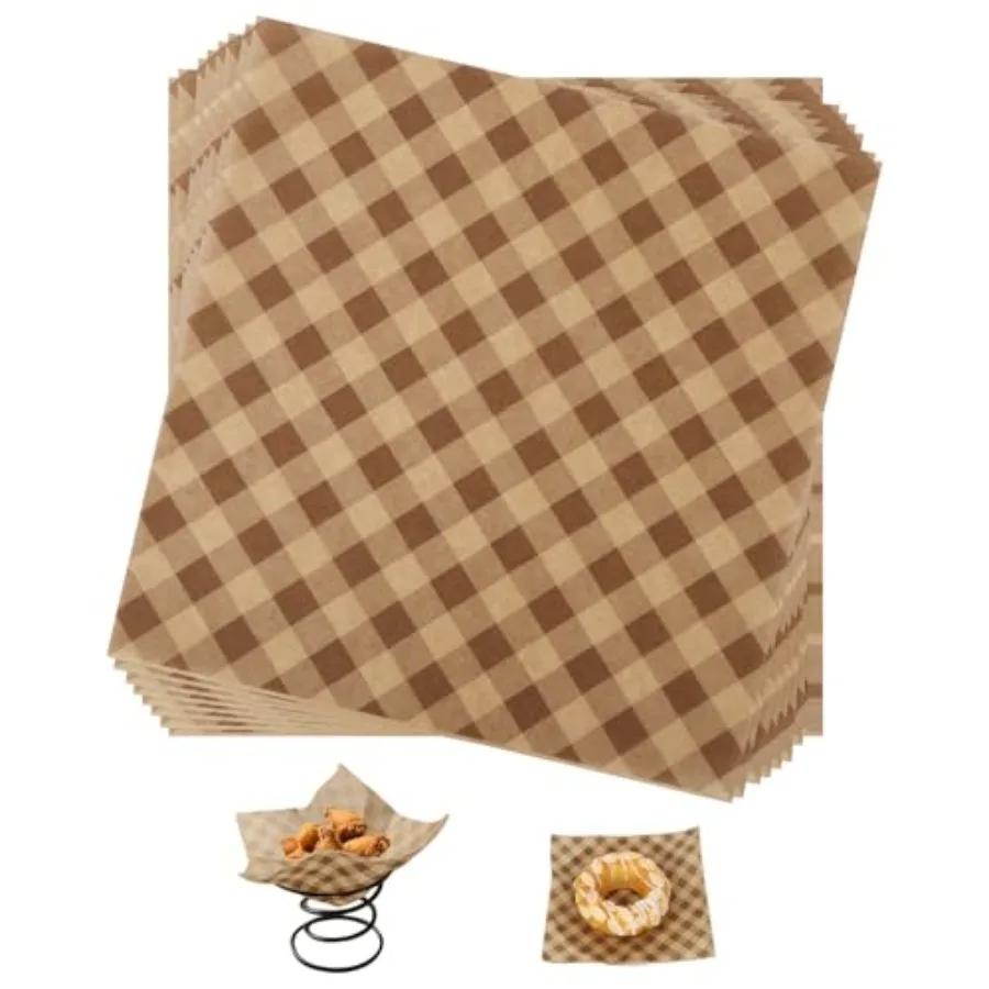 

100pcs Waxed Deli Paper Sheets, 7.1x7.1 in Greaseproof Food Basket Liners Squares Checkered Sandwich and Burger Wraps Tray Parc