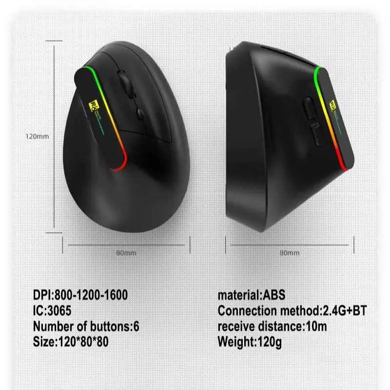 Wireless Vertical Dual Mode Mouse 2.4G+Bluetooth Type-C Charging Night Light 1600DPI Ergonomic Mute Mice Computer Peripherals