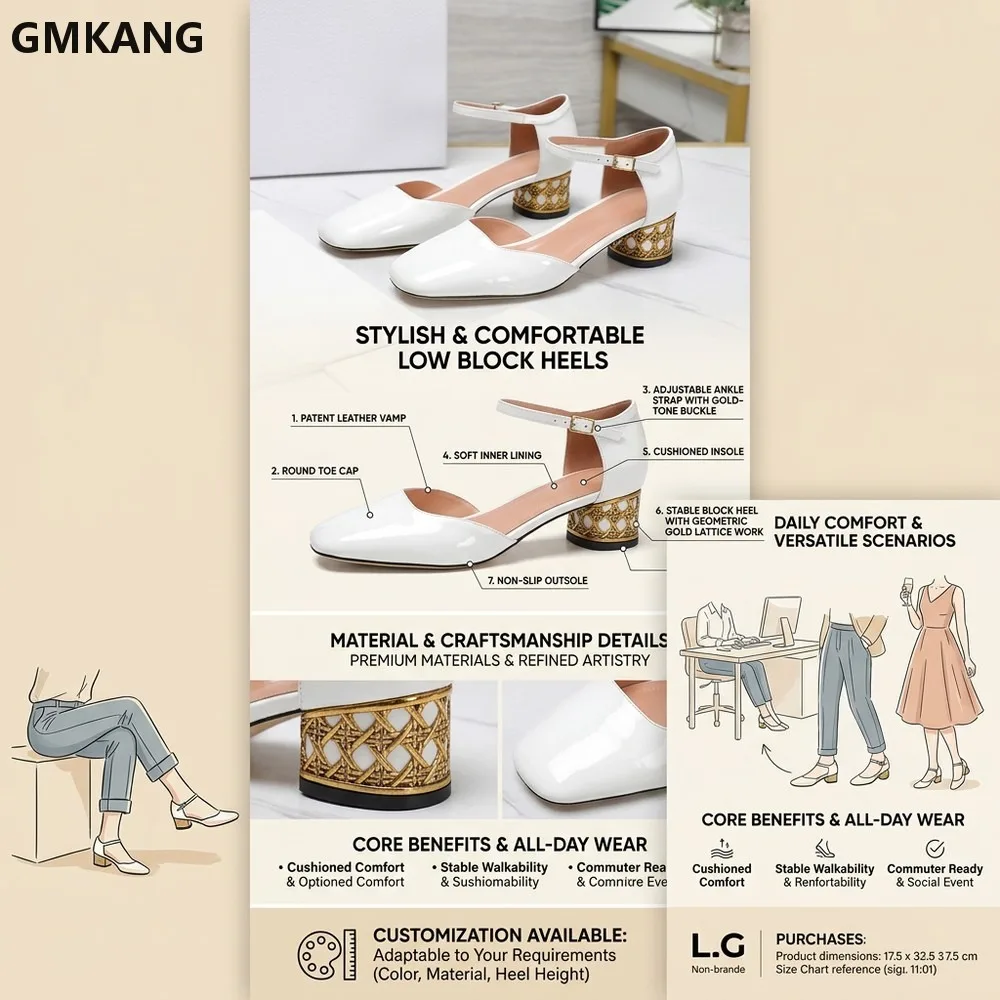 GMKANG Women's Pointed Toe Patent Leather Mary Jane Platform Sandals, Single Buckle Chunky Heel Dress Shoes for Office