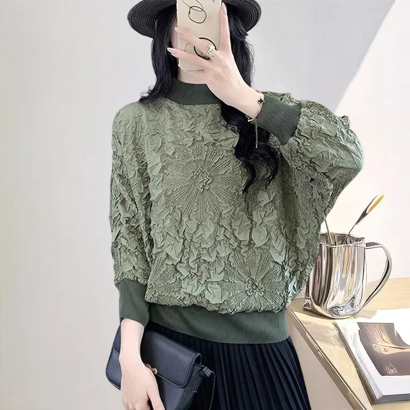 

Miyake 2025 Fall New Women's Pleated Blouse Round Neck Long-sleeved T-shirt Large Size Elastic Women's Loose Casual Pullovers