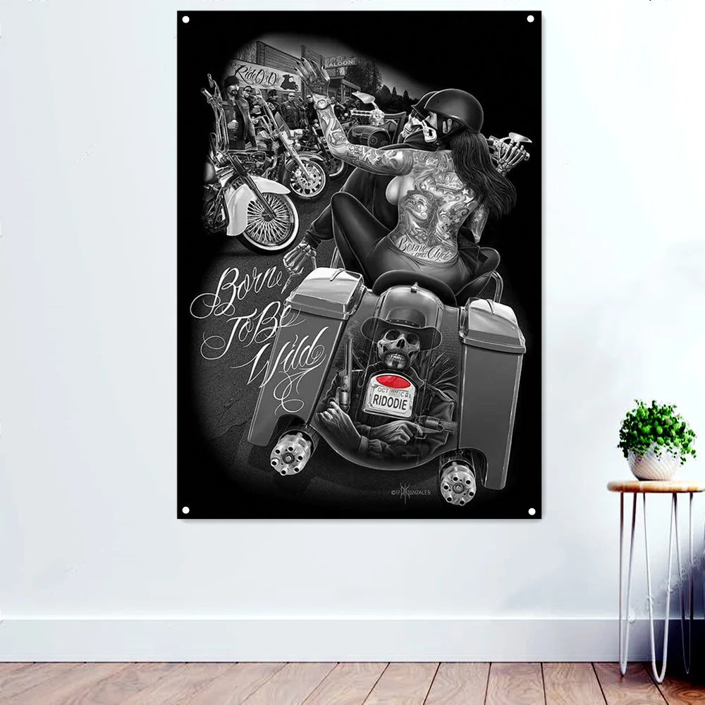 

Skeleton Motorcycle Rider Tattoo Art Posters and Prints Banner Flag Man Cave Garage Locomotive Repair Shop Wall Decor Painting