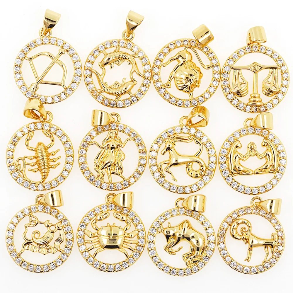 

Lucky Zodiac Sign Pendant Charm Twelve Constellation Gold Plated Zircon Cancer Virgo Scorpio For Women DIY Necklace Fine Jewelry