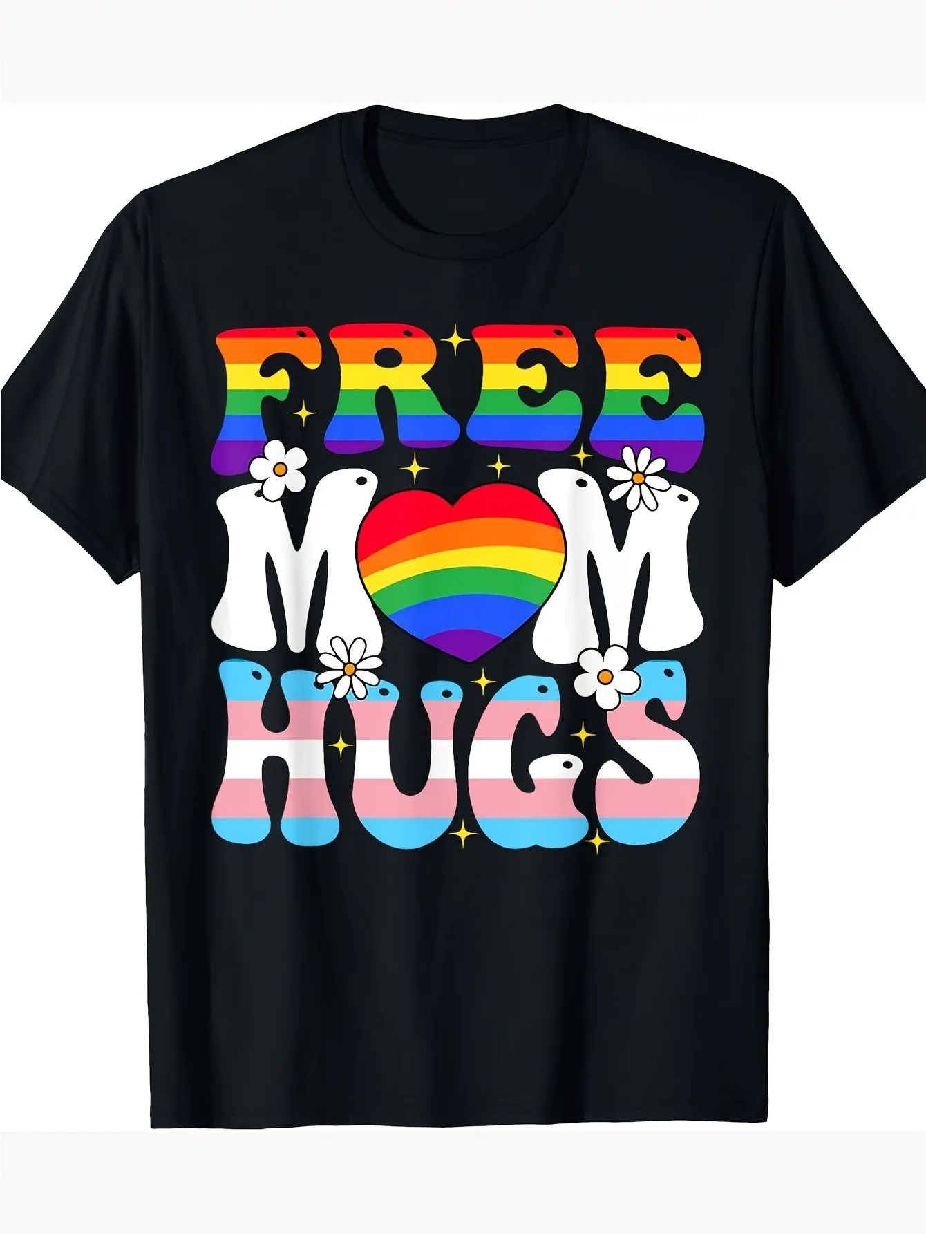 

Men's Black Lgbtq+ Pride Mom Hug Graphic T-Shirt - Rainbow and Heart Design, Includes Free Mom Hug Text - Casual Crew Neck T-Shirt, Suitable for Pride Events, Casual Wear - Comfortable Short Sleeve Crew Neck Top, Suitable for Adults - Cute Cartoon Style