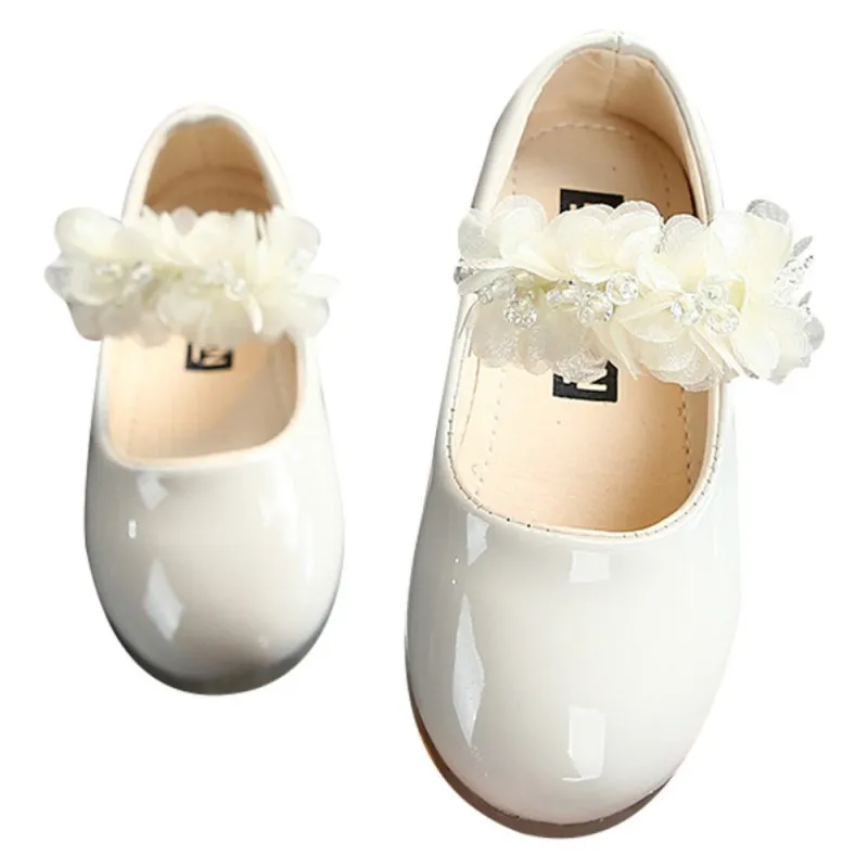 Girls Lace Flower Non-slip Flat Leather Shoes Girls Glossy Princess Toddler Shoes 2-12 Years Baby Girl Leather Shoes