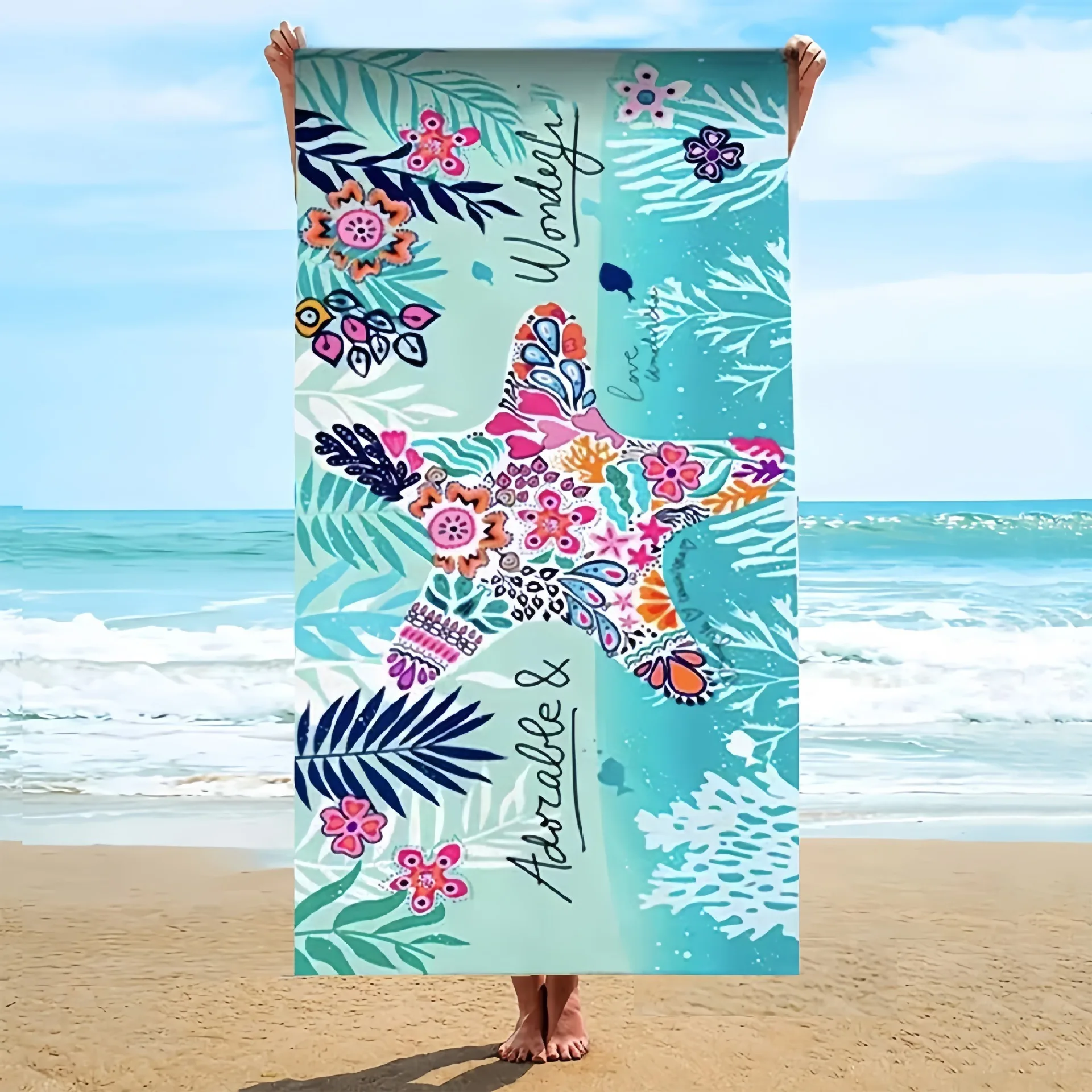 

Colorful Starfish Floral Beach Towel Polyester Quick Dry Sand Free Bath Towel Tropical Leaf Blanket for Summer Seaside Vacation