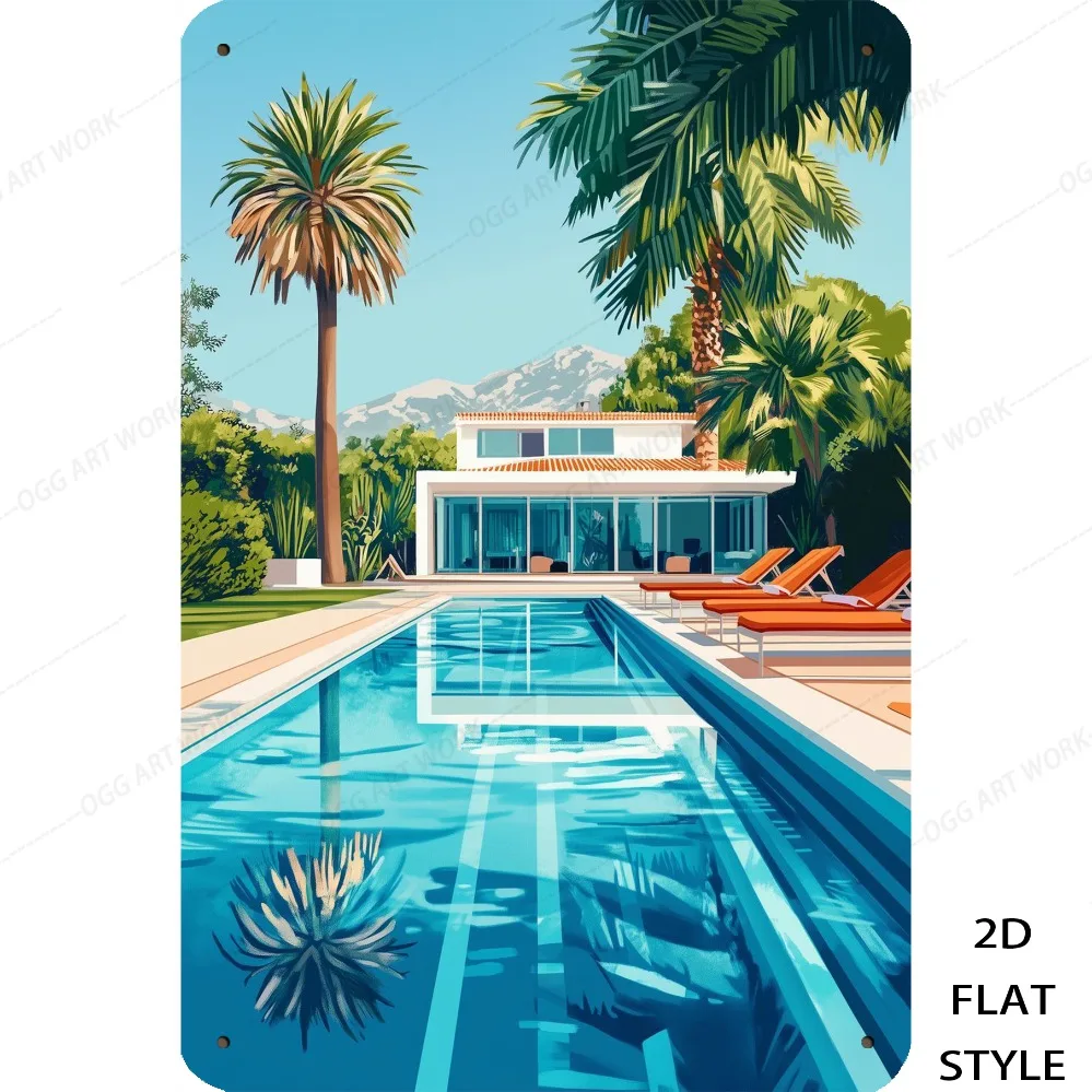 

2D metal wall art: tropical pool villa with palm trees, 8x12 inch retro iron decor for home and cafe.