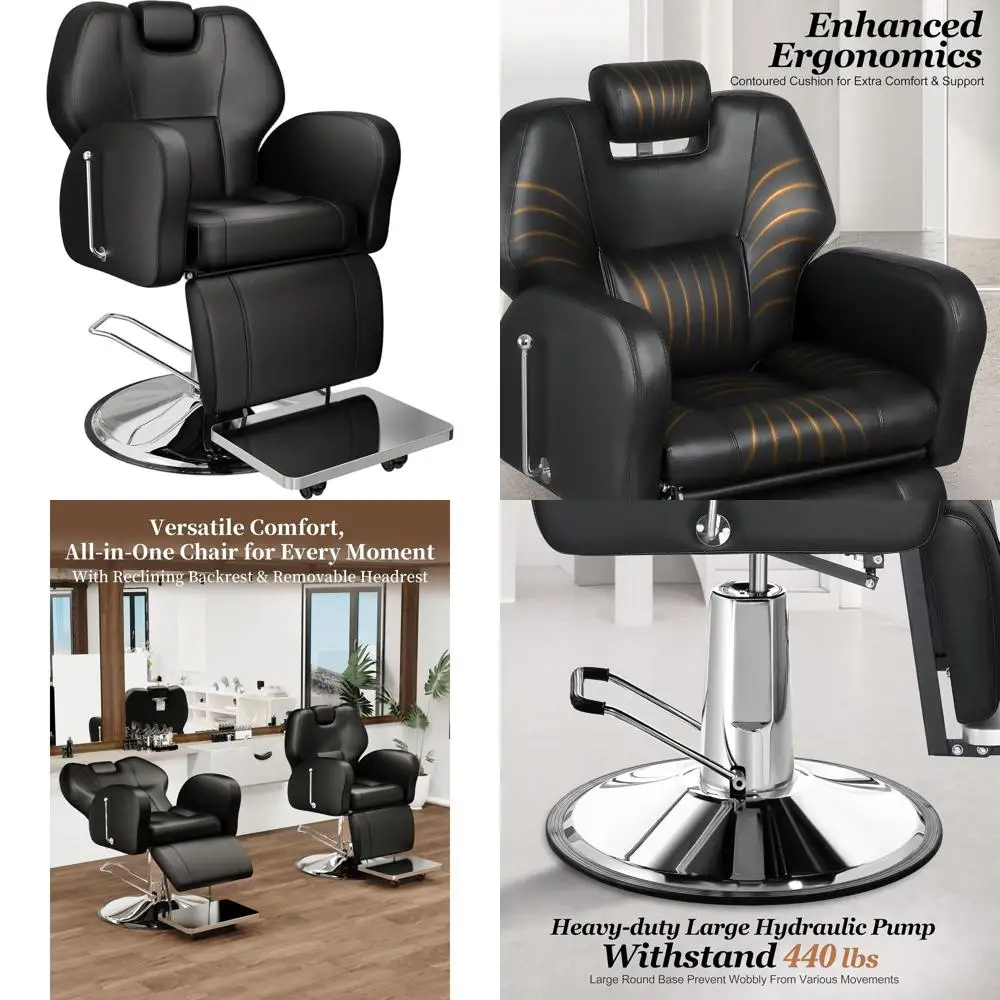 

Luxury Black Reclining Barber Chair with Genuine Leather and Adjustable Rest for Comfortable Hair Braiding and Styling