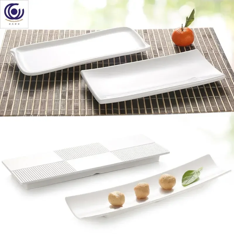 Melamine imitation porcelain tableware long plate cold dish white creative hotel sushi rectangular plastic plate flat plate