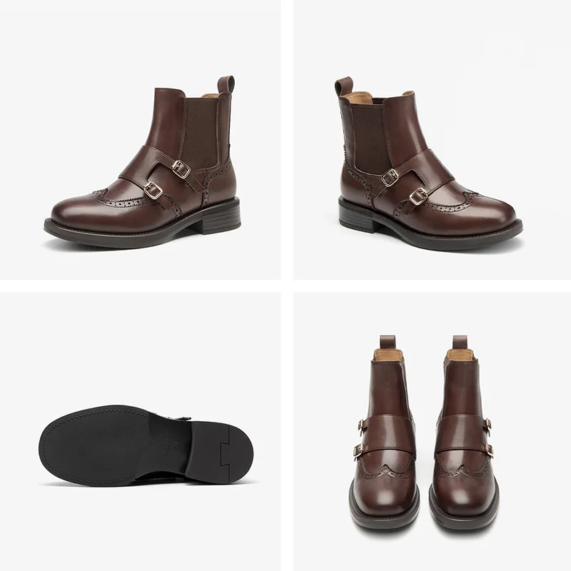 BEAUTODAY Chelsea Boots Women Genuine Leather Elastic Band Full Brogue Monk Design Solid Color Retro Ladies Shoes Handmade 03737 image 6
