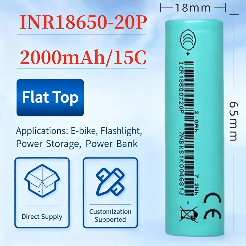 New 10PCS 18650‑20P 2000mAh Flat‑Top Rechargeable Lithium‑ion Battery For EVE 15C 3.7V
