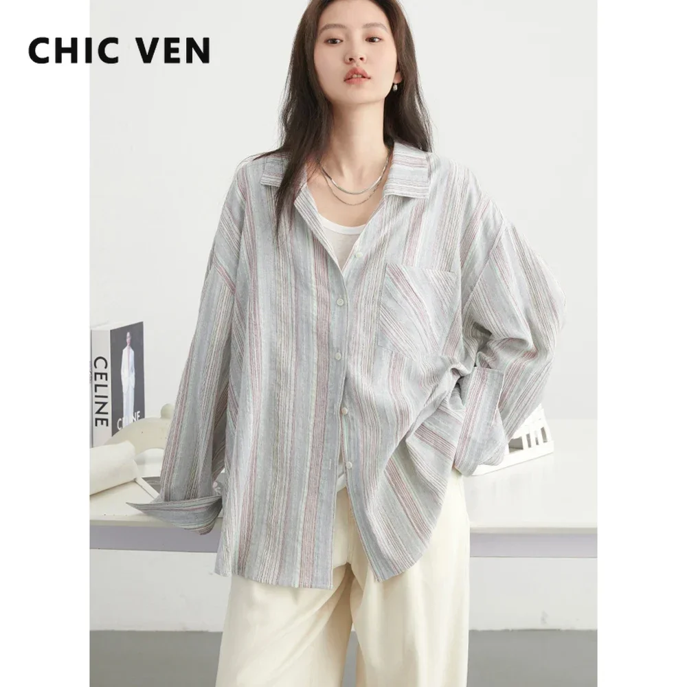 CHIC VEN-camisa Retro de algodón a rayas para mujer, blusa holgada con protección solar, para primavera y verano, 2024